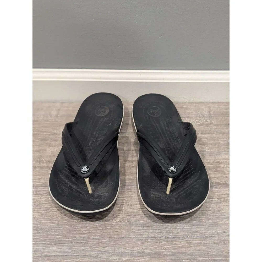 CROCS Black Leather rubber Thong Sandals Men’s Size 9 Women's Sz 11 Comfort